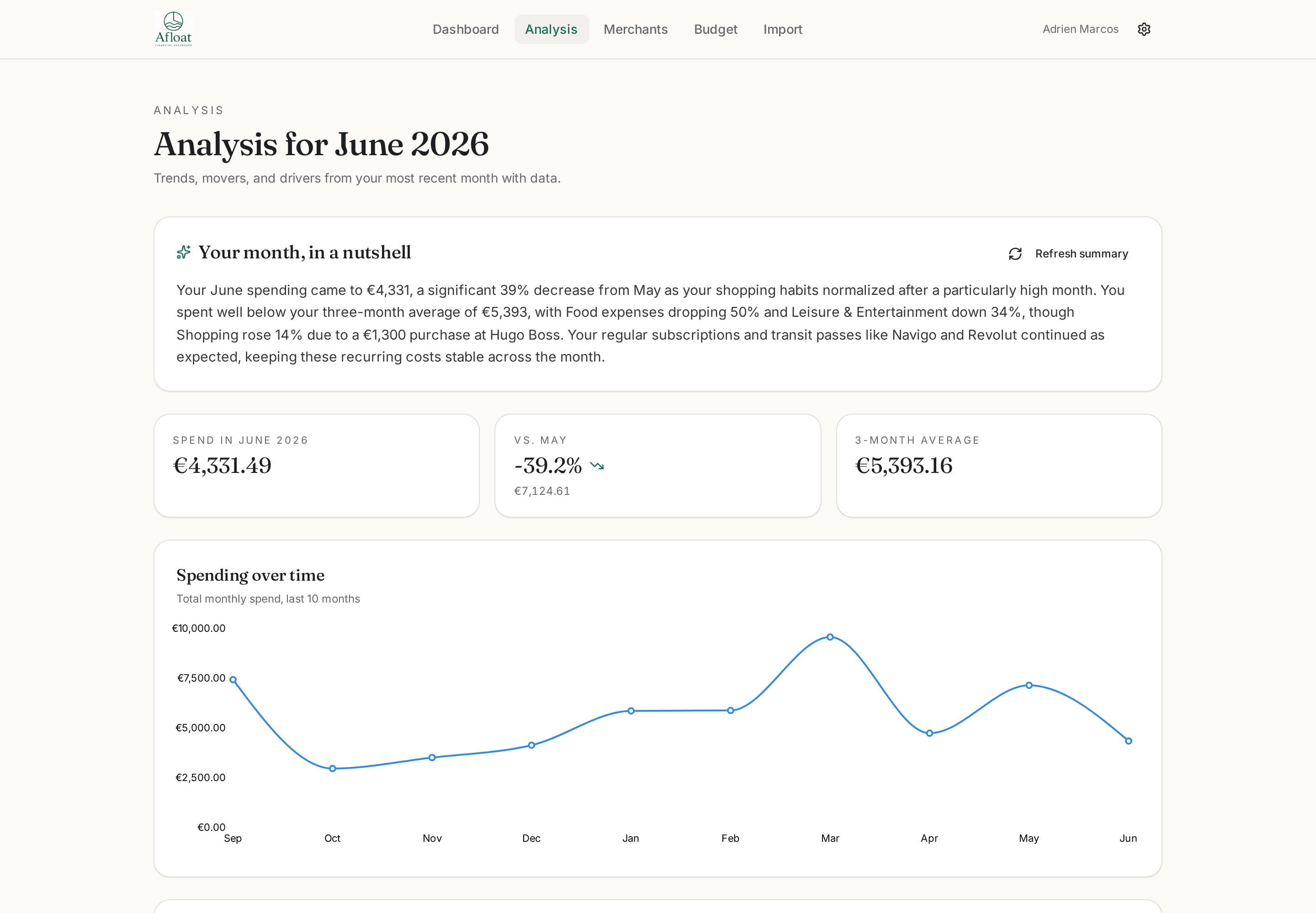 Analysis tab with AI-written monthly summary